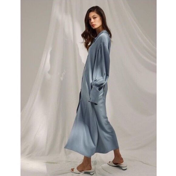 NAP LOUNGEWEAR Drape shirt DRESS robe Size Small Satin Puff Sleeve Frost Blue - Picture 2 of 16